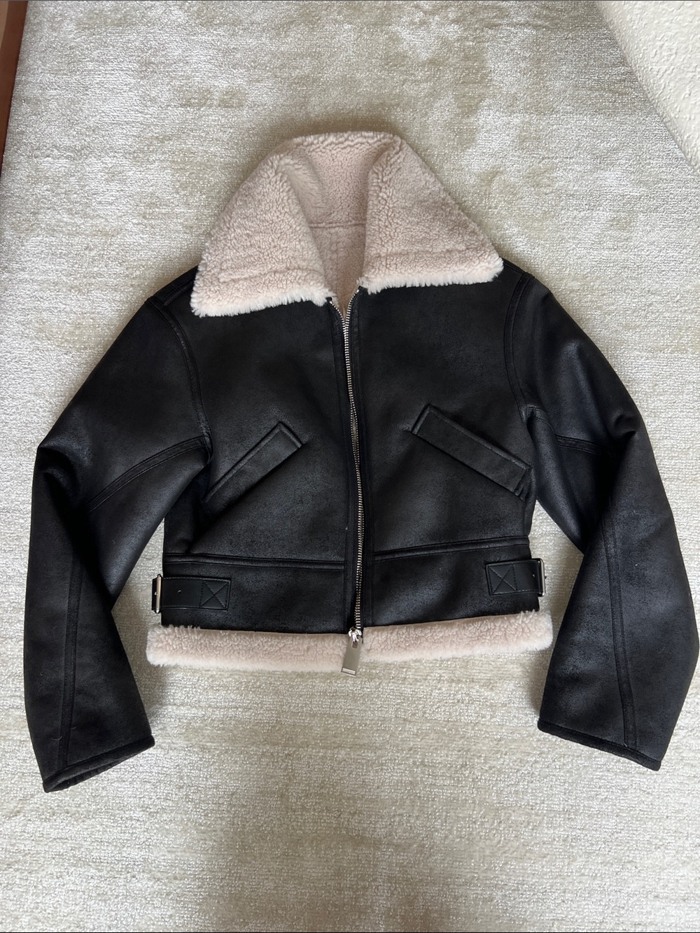 Mango Black Faux Shearling Crop Aviator Jacket with Cream Trim